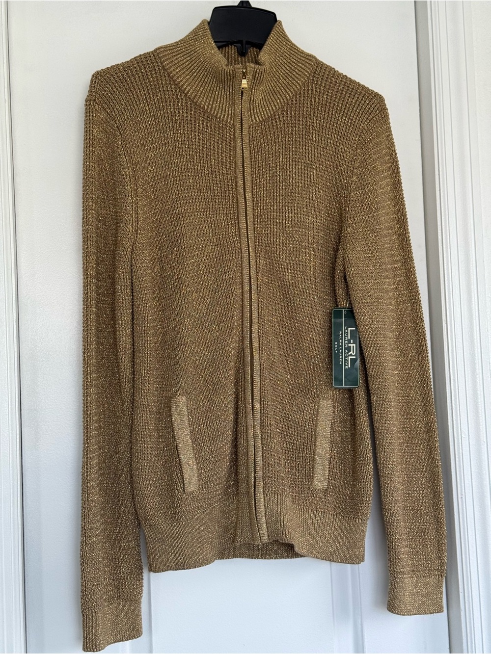 Lauren Ralph Lauren Gold Metallic Camel Zip-Front Cardigan